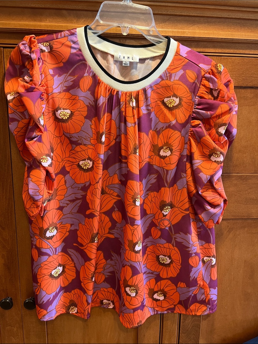 THML Orange Floral Puff-Sleeve Blouse with Purple Background